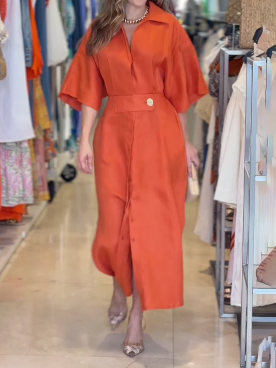 Slit Hem Solid Short Sleeve Midi Shirt Dress