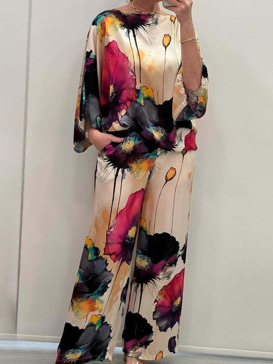Elegant Satin Loose Printed Batwing Sleeve Set
