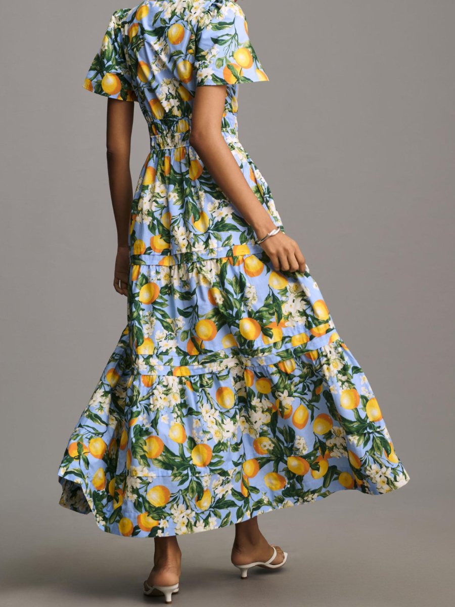 Smocked Waist V-neck Printed Maxi Dress
