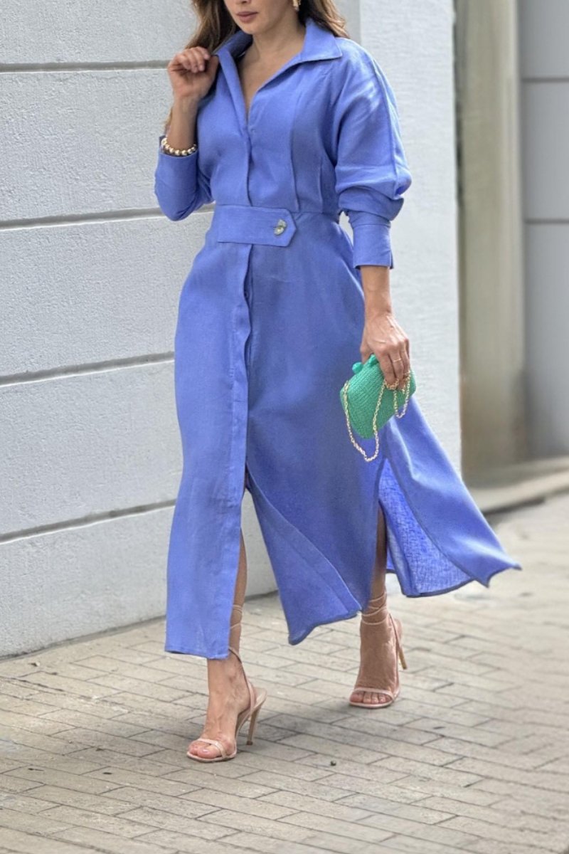 Slit Hem Solid Short Sleeve Midi Shirt Dress