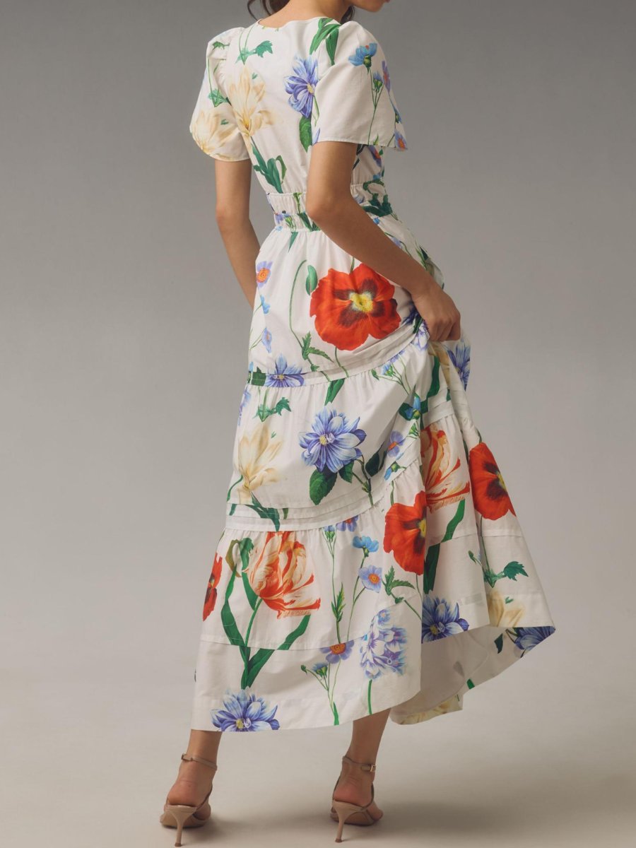 Smocked Waist V-neck Printed Maxi Dress