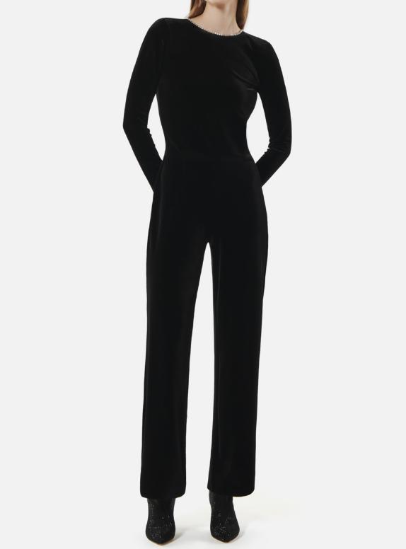 Demure Velvet Backless Jumpsuit With Rhinestone
