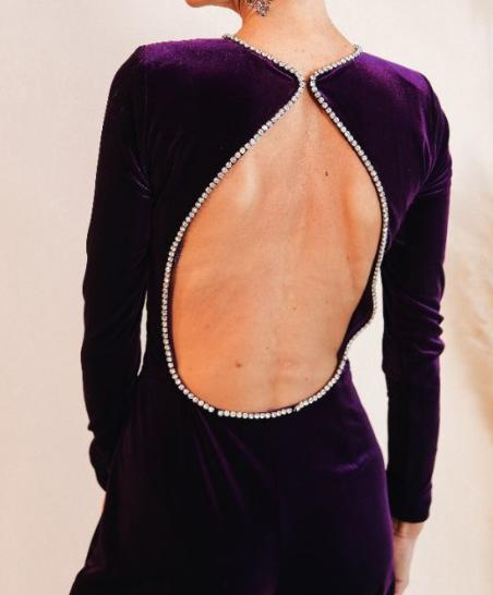Demure Velvet Backless Jumpsuit With Rhinestone