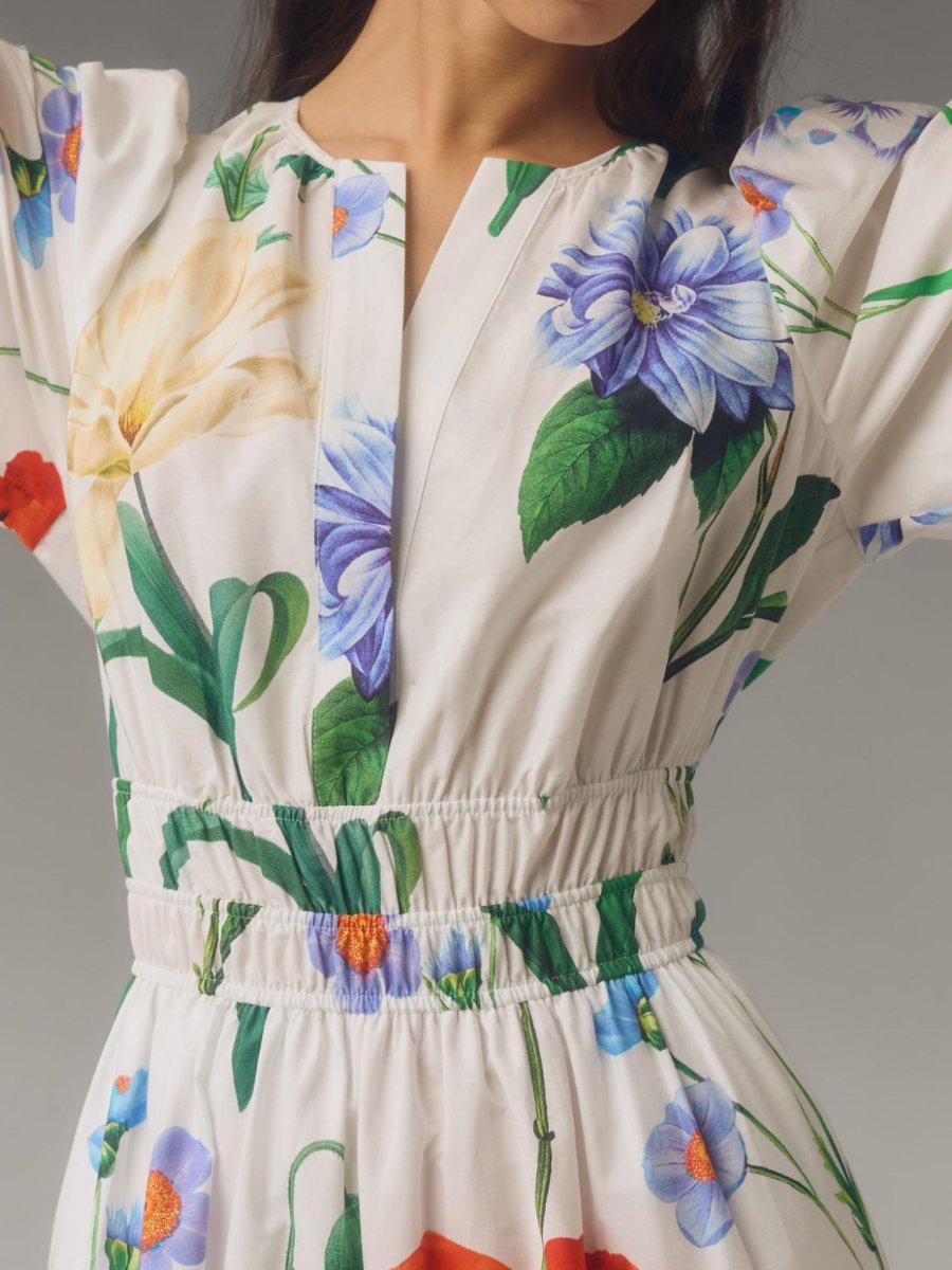 Smocked Waist V-neck Printed Maxi Dress