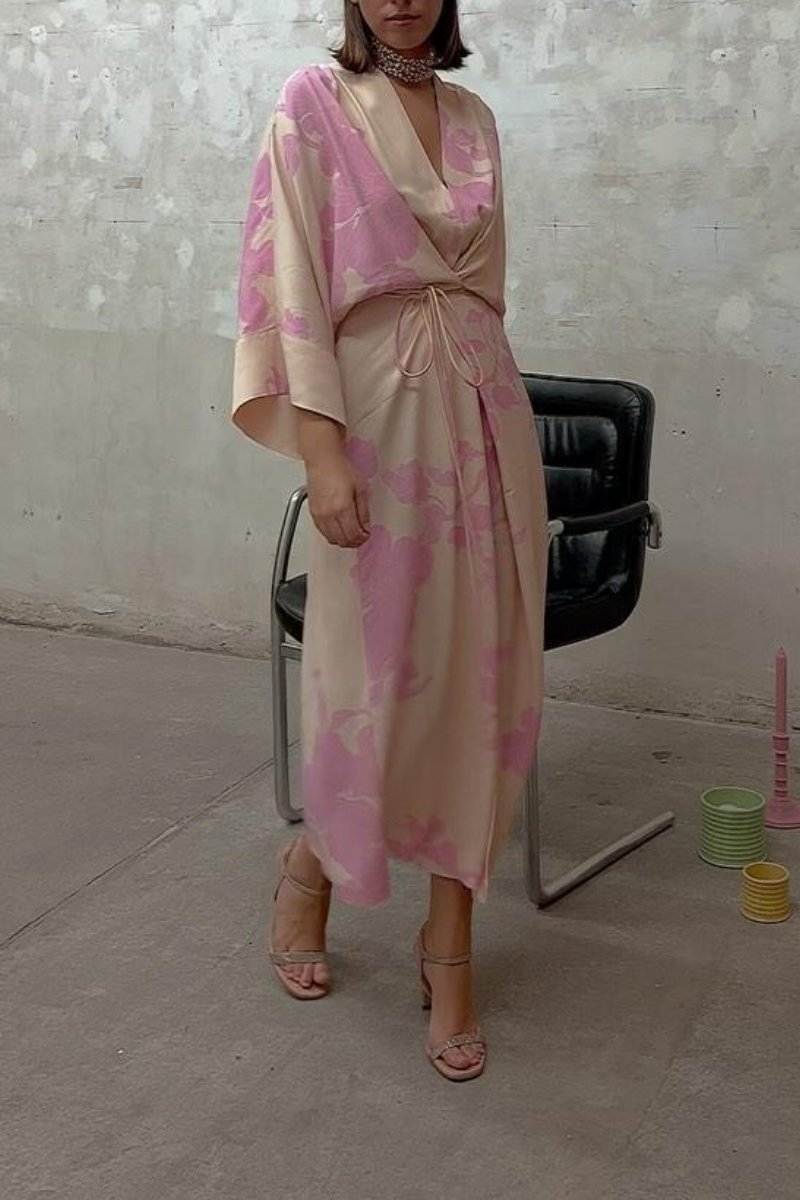 The Elegance Pink Printed Robe Midi Dress