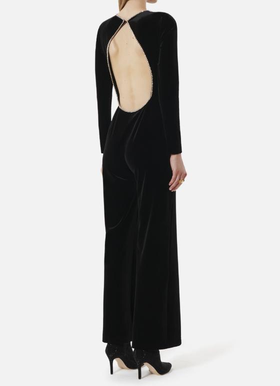 Demure Velvet Backless Jumpsuit With Rhinestone