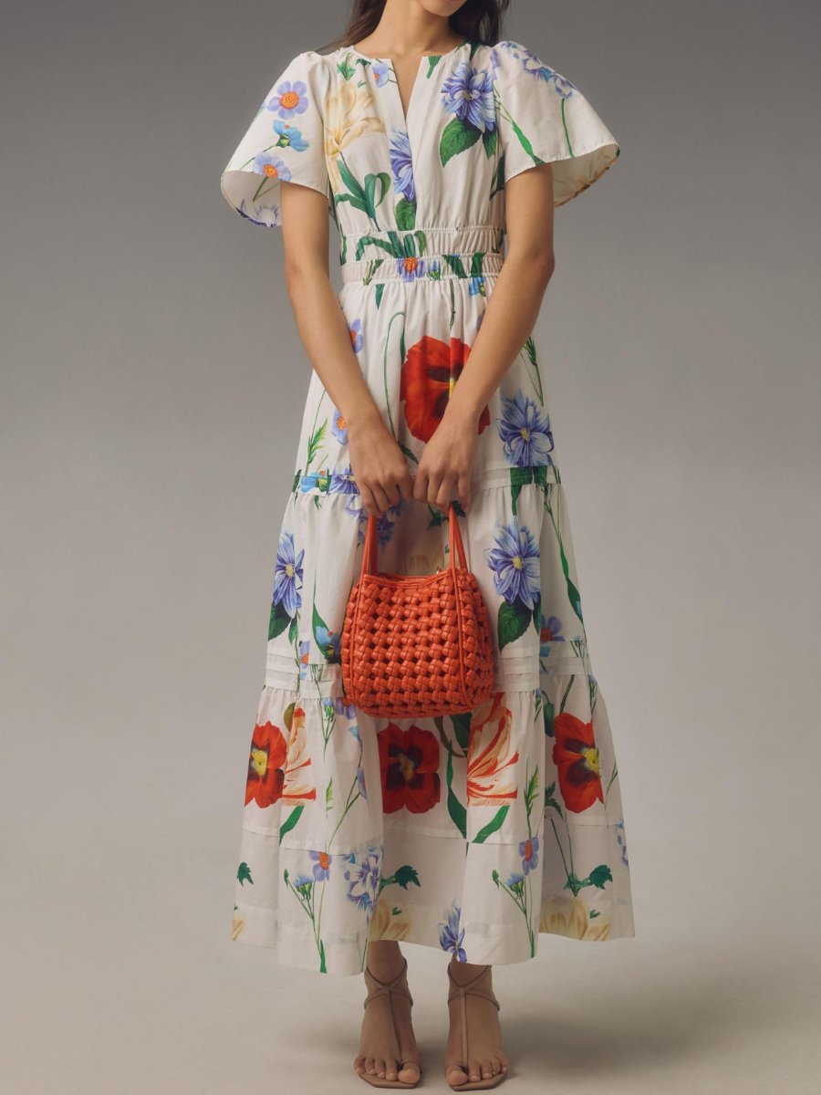 Smocked Waist V-neck Printed Maxi Dress