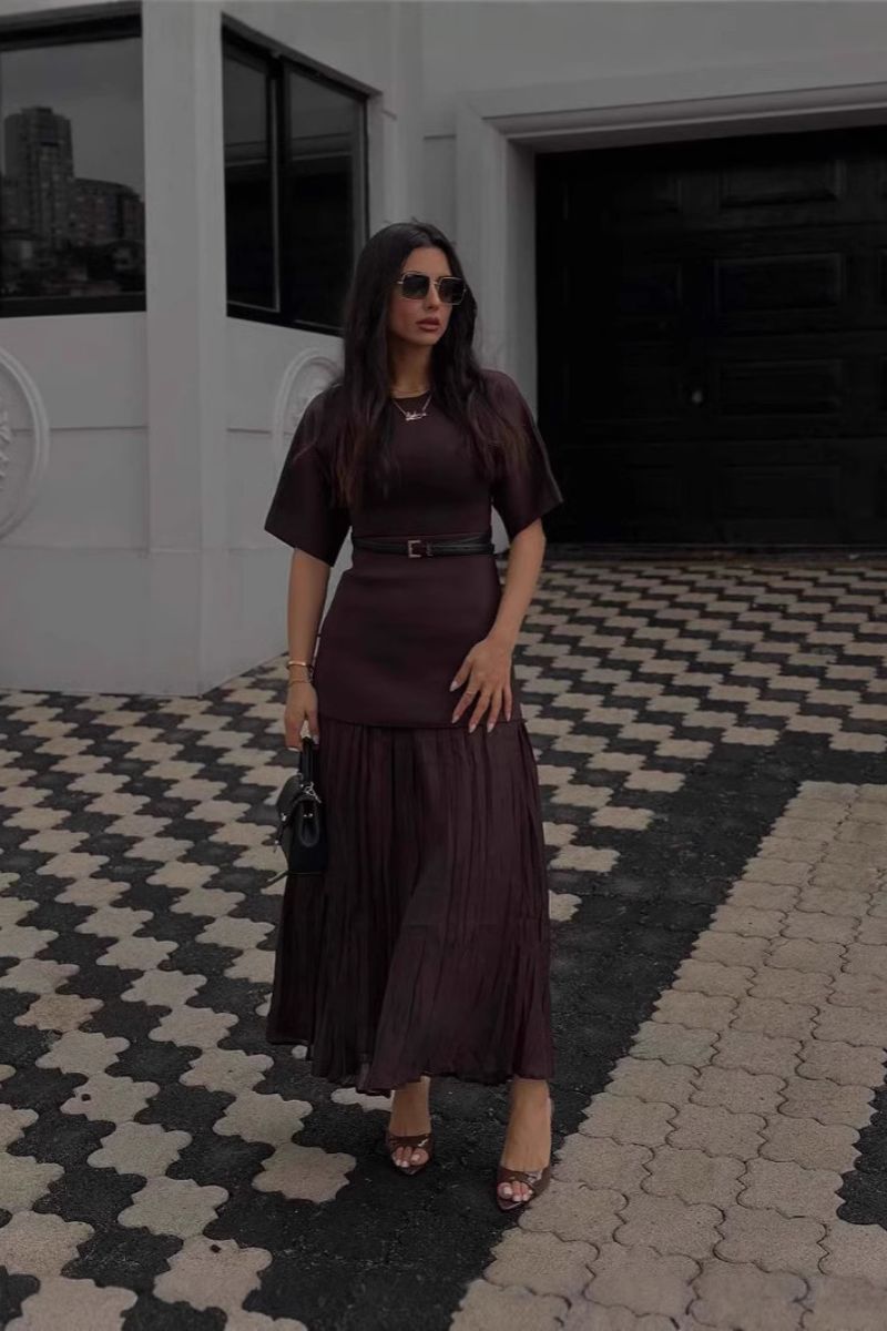 Belted Pleated Midi Dress
