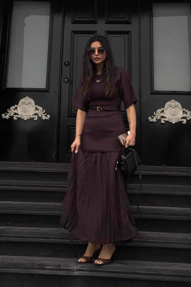 Belted Pleated Midi Dress