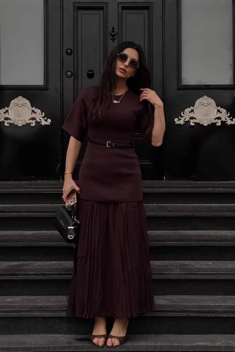 Belted Pleated Midi Dress