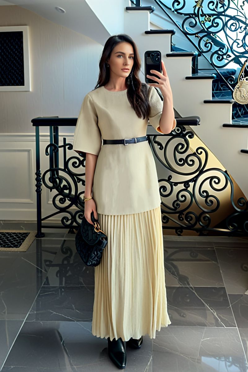 Belted Pleated Midi Dress