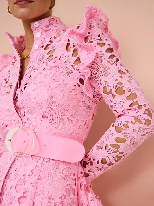 Candy Pink Lace Butterfly Sleeve Midi Dress