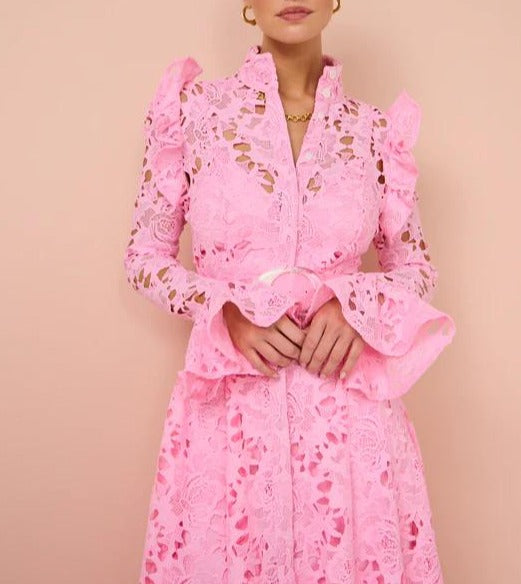 Candy Pink Lace Butterfly Sleeve Midi Dress