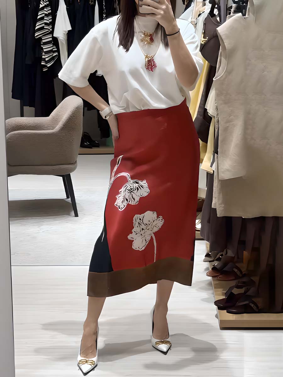 Flower Print Patchwork Midi Skirt