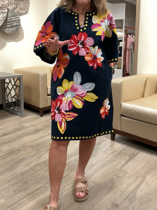 Floral Print Split Scoop Neck 3/4 Sleeve Dress