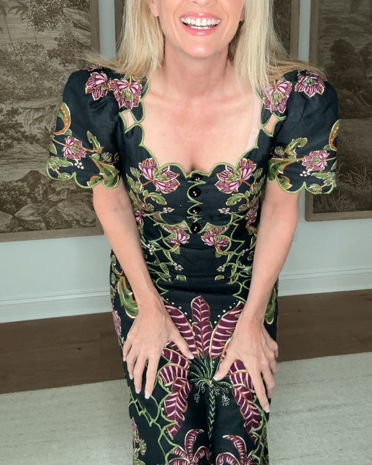 Embroidered black midi dress