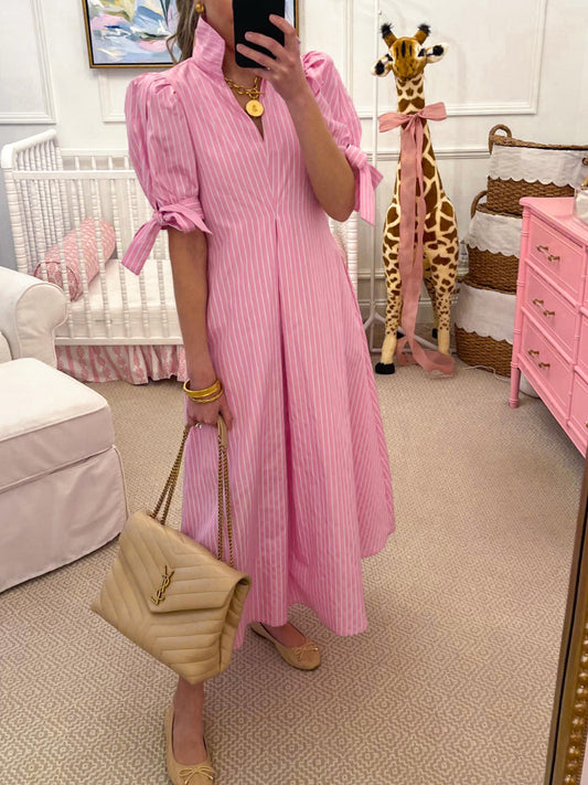 Bow Sleeve Pinstripe Maxi Dress