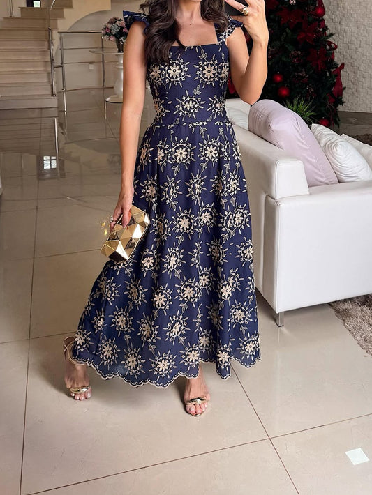 Square Neck Blue Sun Print Maxi Dress