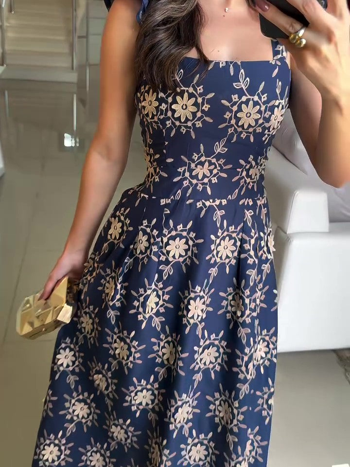 Square Neck Blue Sun Print Maxi Dress