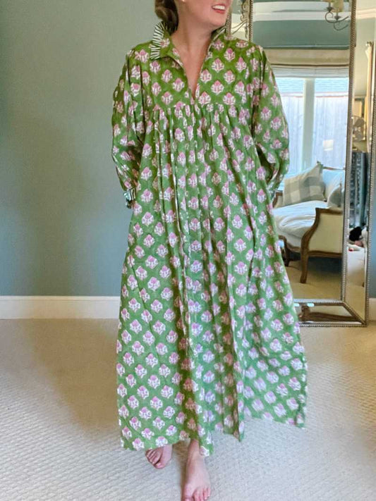 Newest Cotton Block Print Maxi Dress
