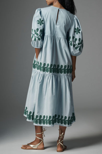 Embroidered Puff-Sleeve Midi Dress