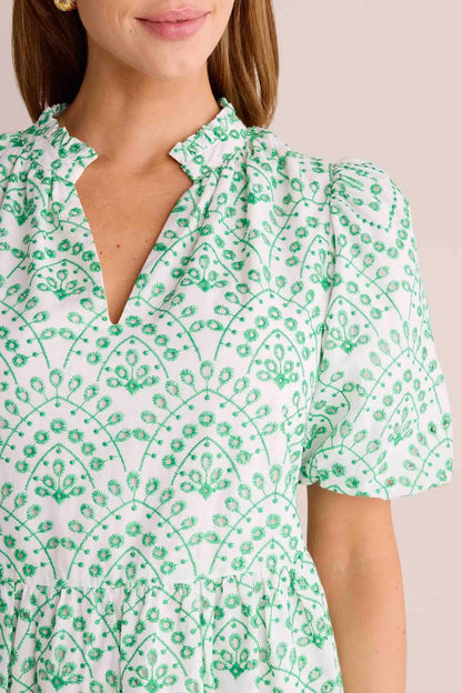 Allover Eyelet Embroidery Puff Sleeve Dress