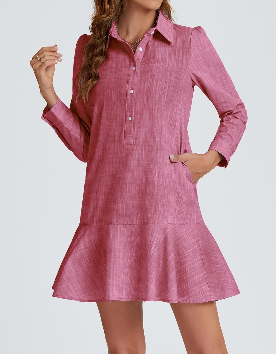 Waisted Ruffle Hem Mini Shirt Dress