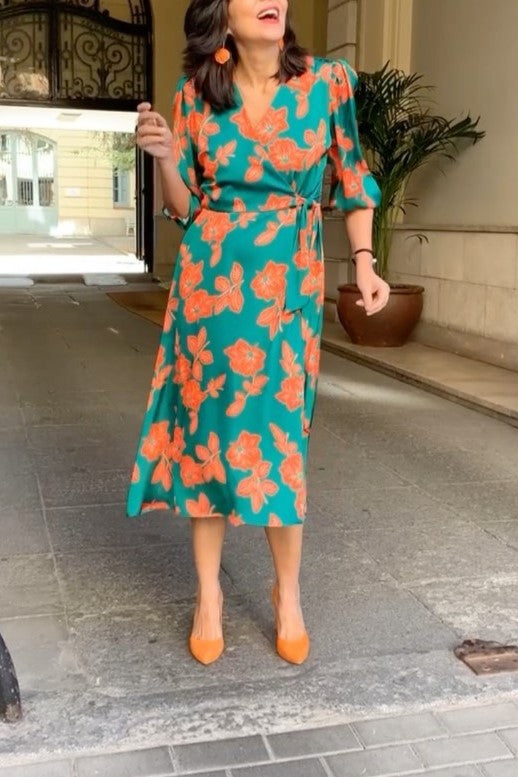 Kimono Midi Dress In Green Floral Print