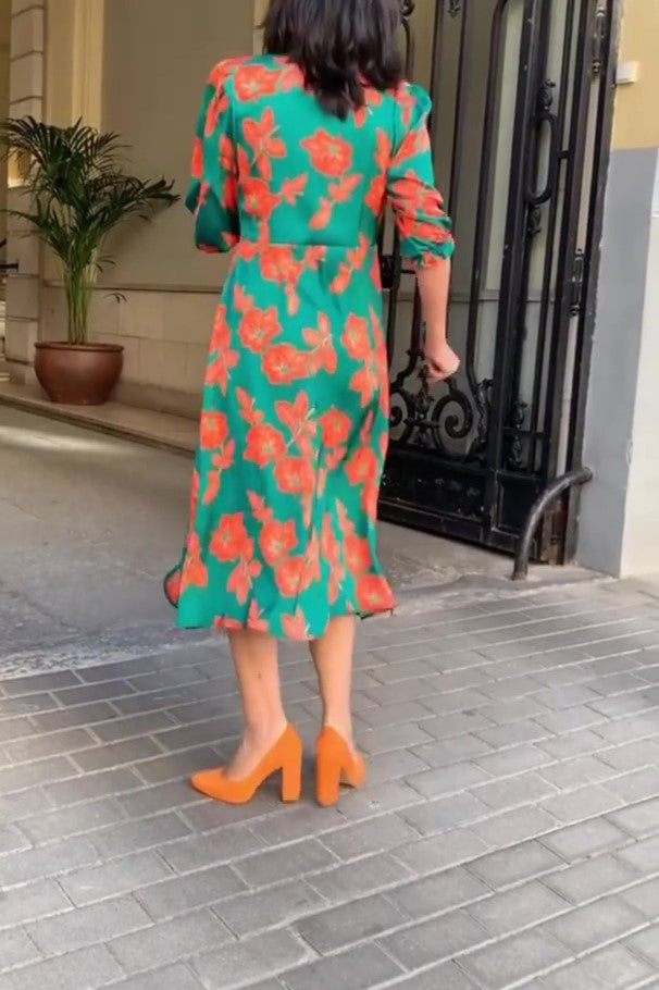 Kimono Midi Dress In Green Floral Print