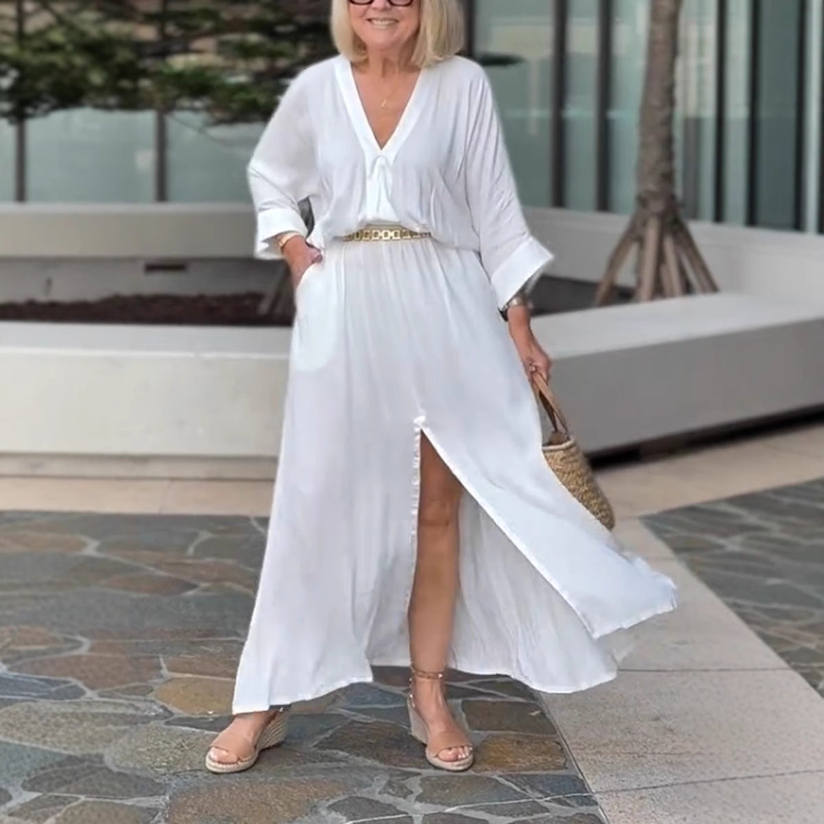 V-Neck Casual Loose Pocket Slit Maxi Dress