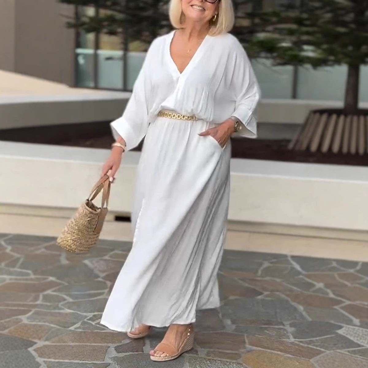 V-Neck Casual Loose Pocket Slit Maxi Dress