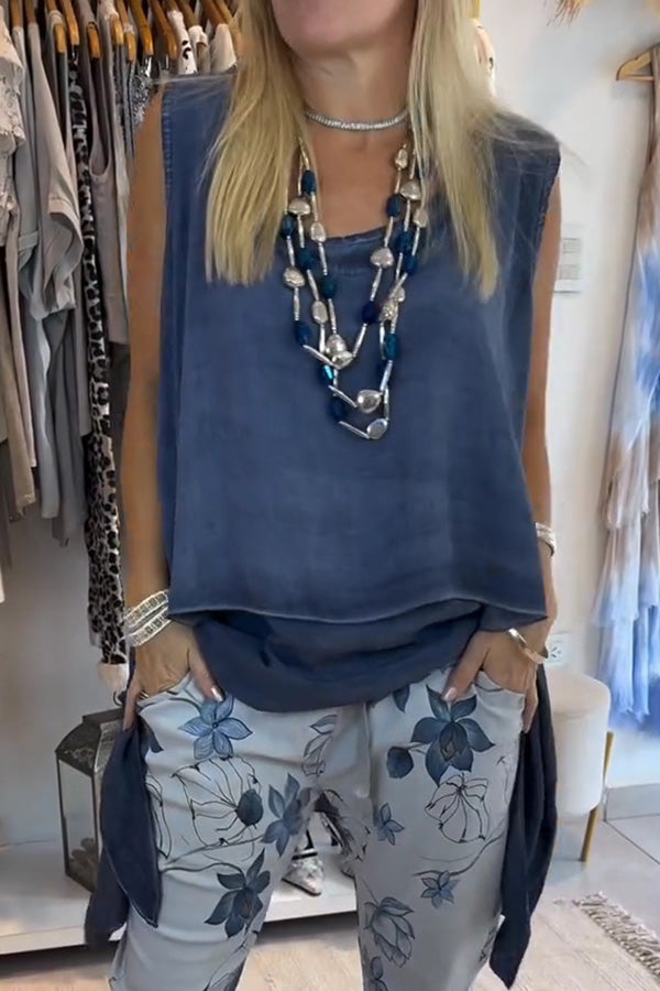 Irregular top and floral pants two-piece suit