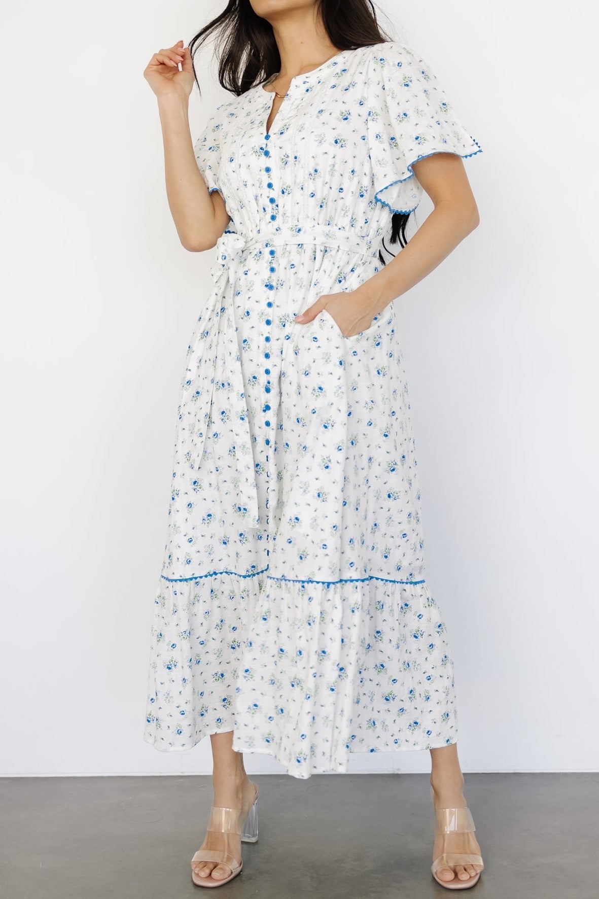 Baltic Blue And Green Florals Cotton-blend Midi Dress