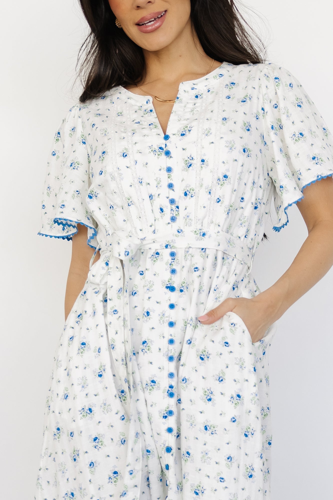 Baltic Blue And Green Florals Cotton-blend Midi Dress