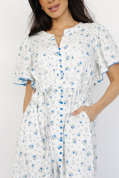 Baltic Blue And Green Florals Cotton-blend Midi Dress