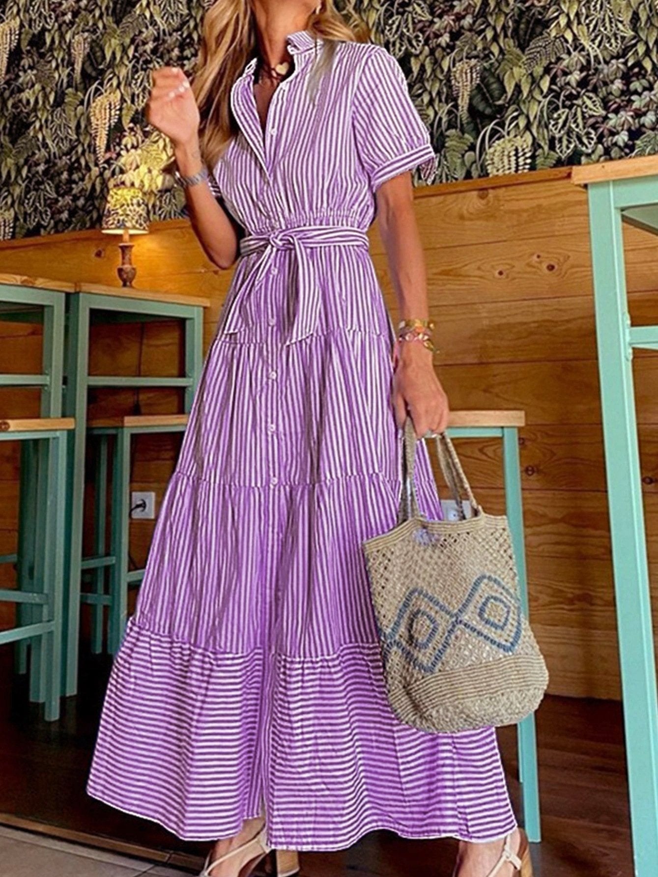 Belted Layered Striped Midi Shirt Dress