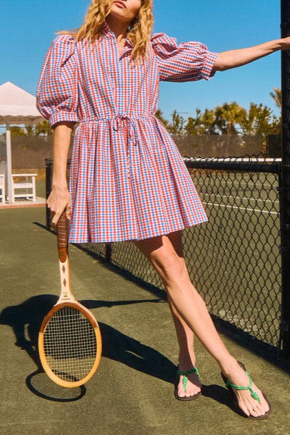 Check Puff Sleeve Mini Dress