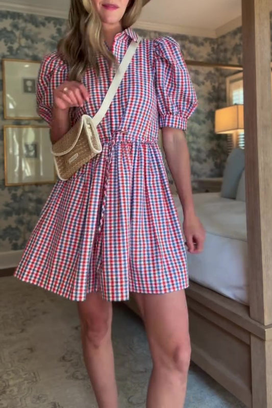 Check Puff Sleeve Mini Dress
