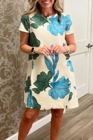 Convertible Floral Print Round Neck Short Sleeve A-Line Dress