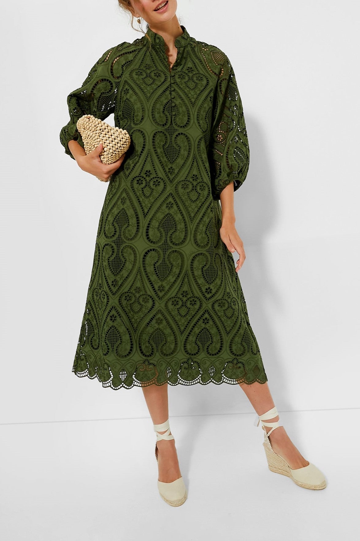 Balloon Sleeves Mandarin Collar Eyelet Lace Dress