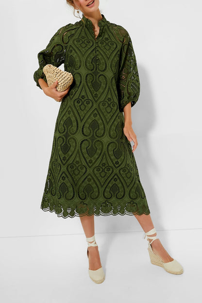 Balloon Sleeves Mandarin Collar Eyelet Lace Dress