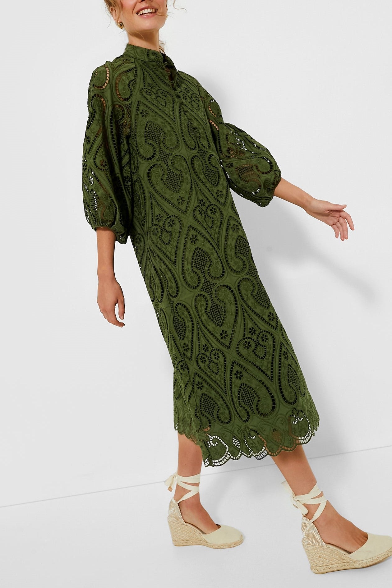Balloon Sleeves Mandarin Collar Eyelet Lace Dress
