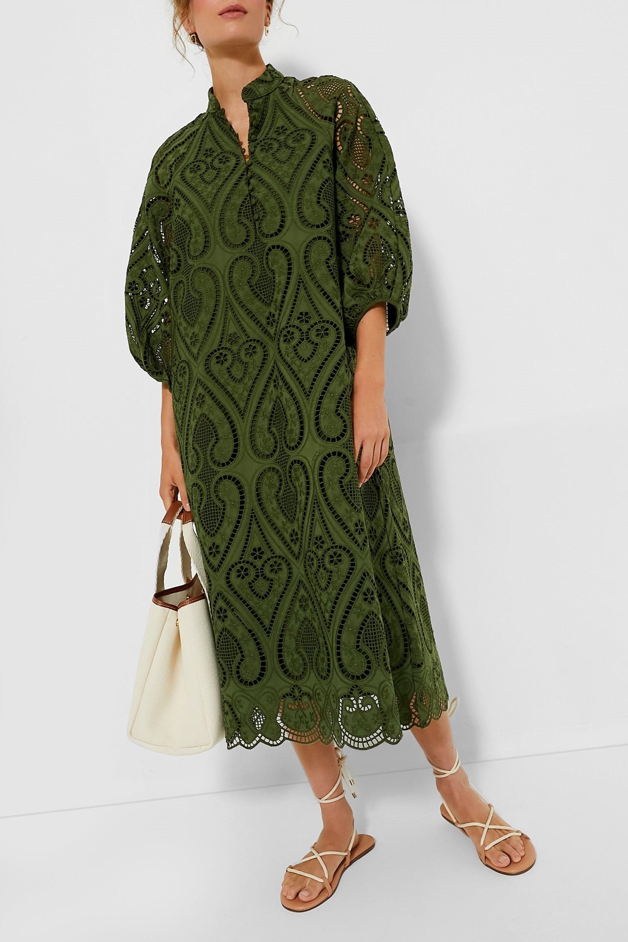 Balloon Sleeves Mandarin Collar Eyelet Lace Dress