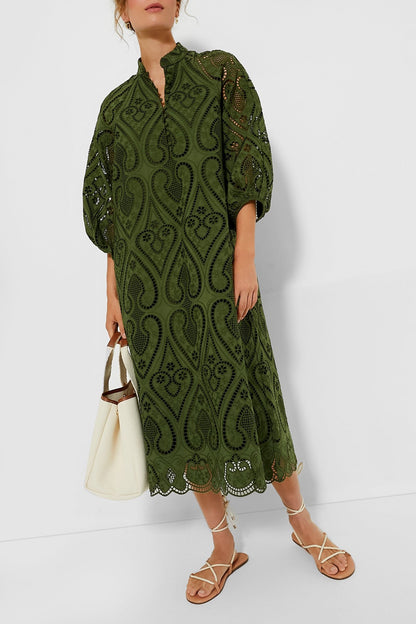 Balloon Sleeves Mandarin Collar Eyelet Lace Dress