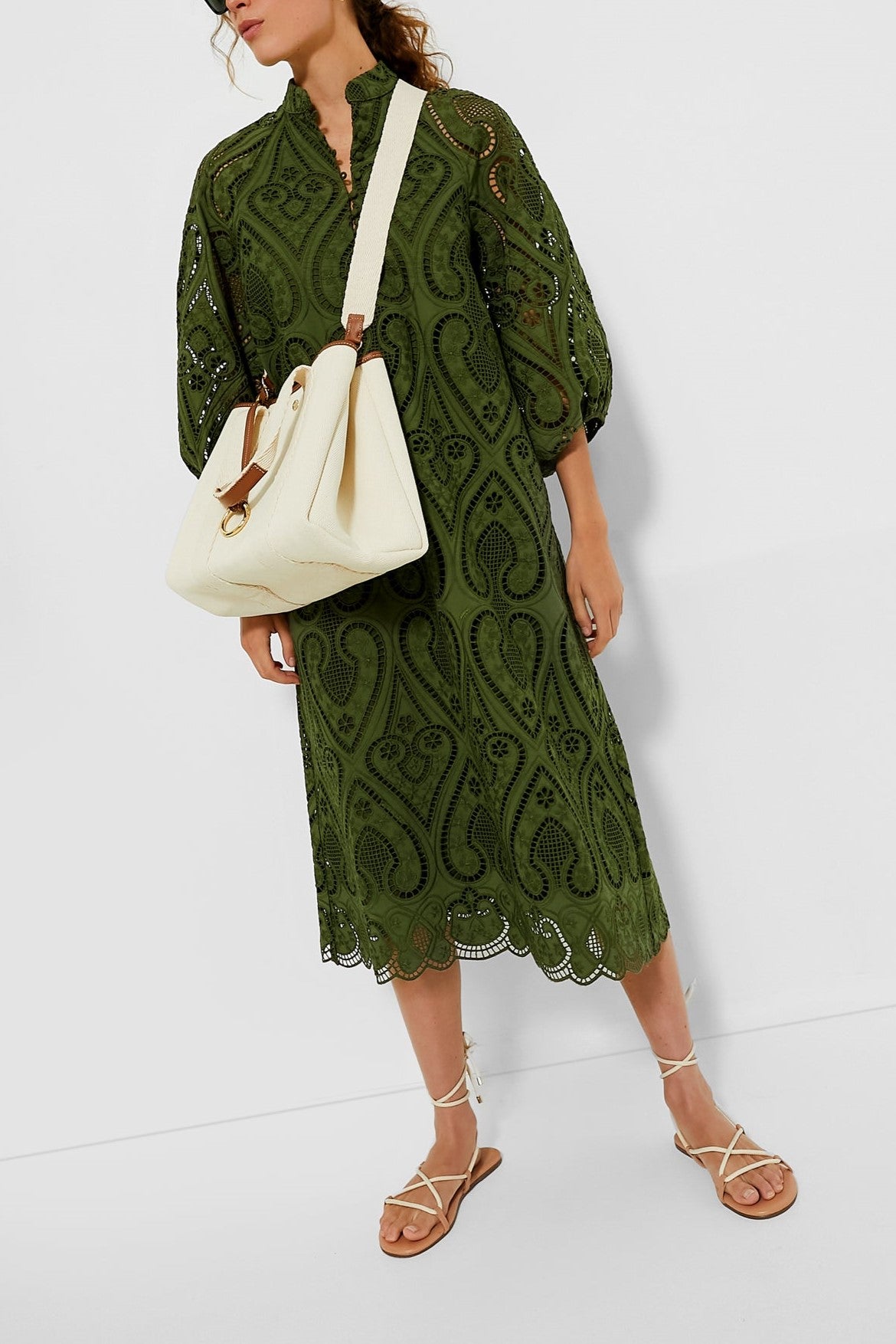 Balloon Sleeves Mandarin Collar Eyelet Lace Dress
