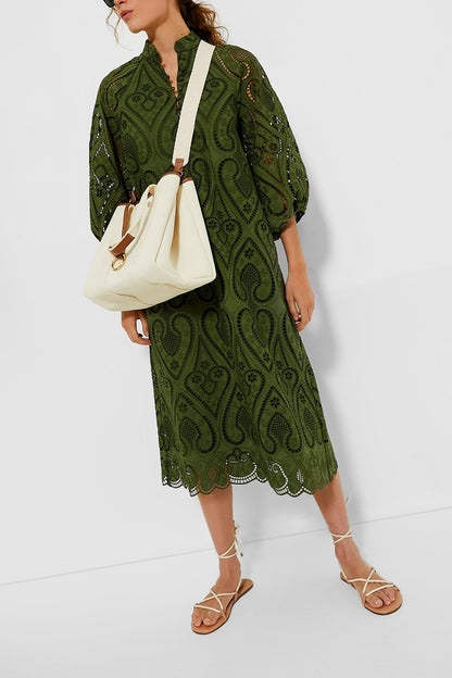 Balloon Sleeves Mandarin Collar Eyelet Lace Dress