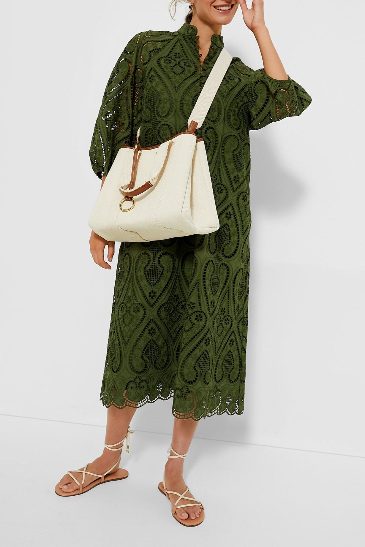 Balloon Sleeves Mandarin Collar Eyelet Lace Dress