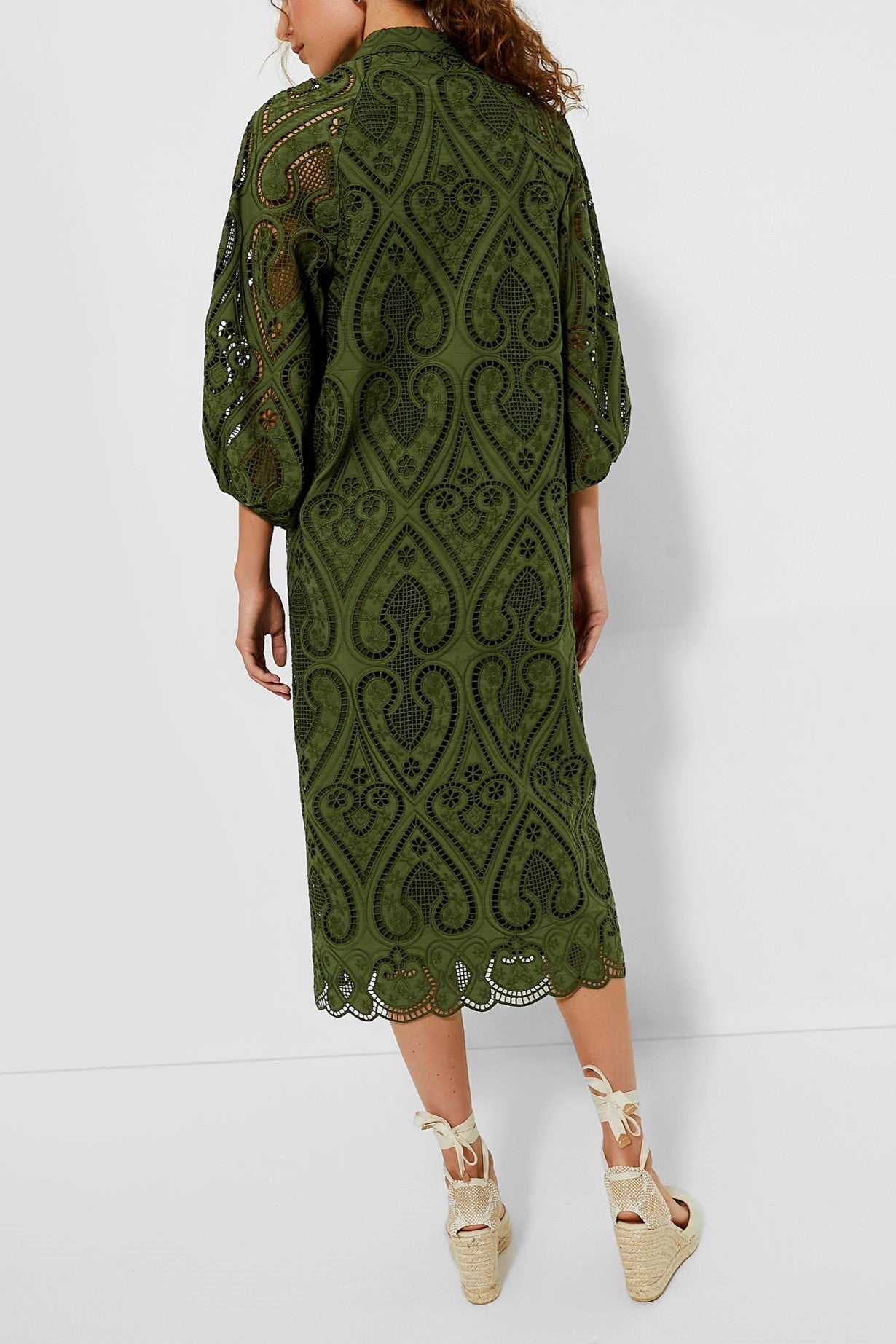 Balloon Sleeves Mandarin Collar Eyelet Lace Dress