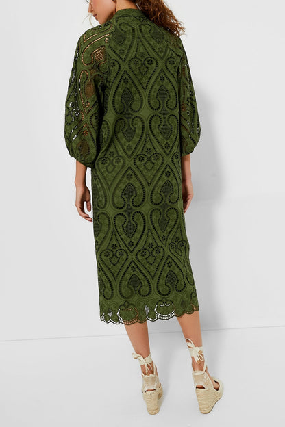 Balloon Sleeves Mandarin Collar Eyelet Lace Dress