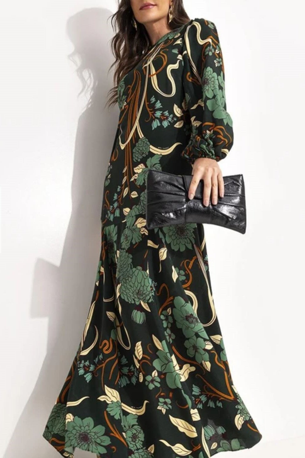 Fashion Floral Embroidery Dark Green Dress